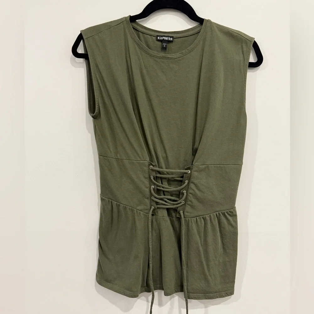 Express Olive Green Sleeveless Top with Lace-up Corset Babydoll, Woman’s small - Picture 1 of 4
